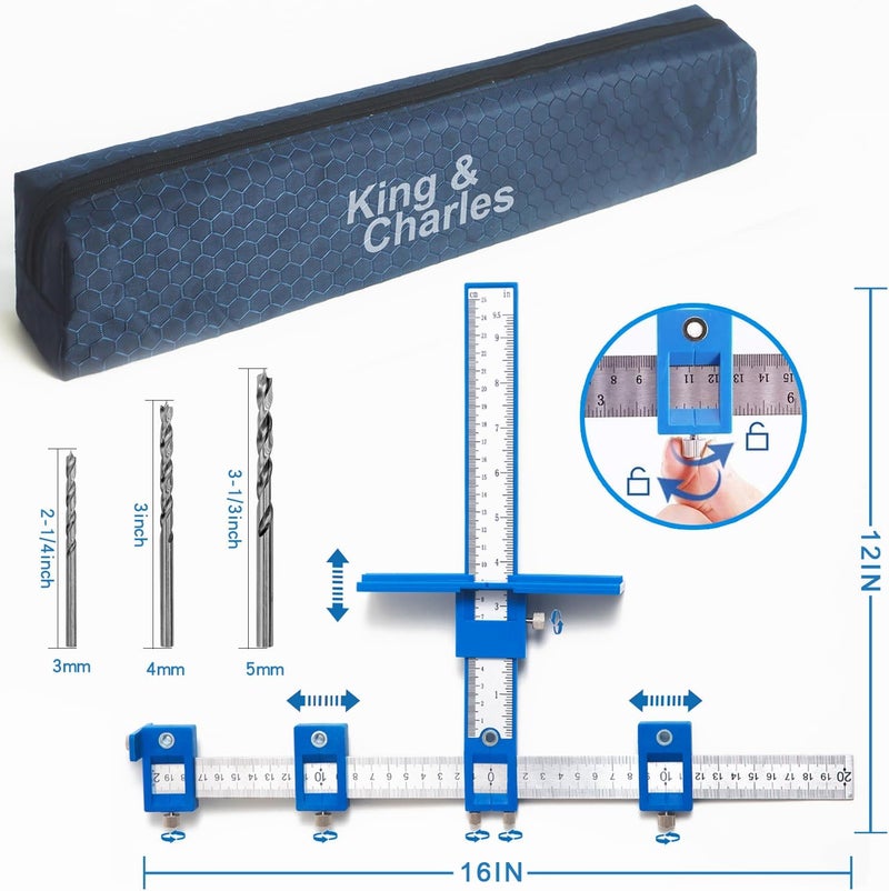 King&Charles Cabinet Hardware Jig, Cabinet Handle Jig with 3pcs Point Wood Drils Bits, Use for Handles Pulls Knobs on Drawers/Doors, Wood Drilling Dowelling Guide Set. - Image 2